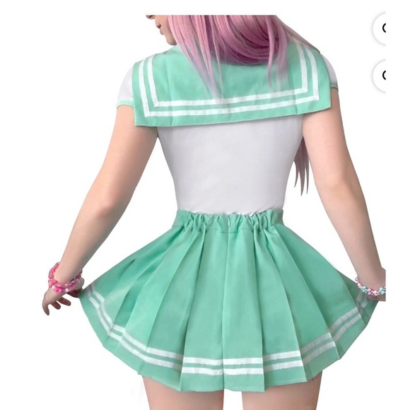 Women's Sailor School Girl Cosplay Costume Set Green White Pink Bow Sz 2XL - Picture 6 of 11